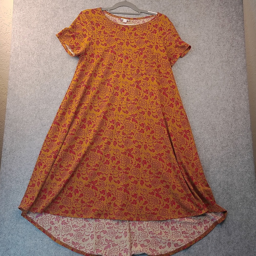 LuLaRoe Carly Dress Womens Medium Mustard Yellow Red Floral High Low A-Line
